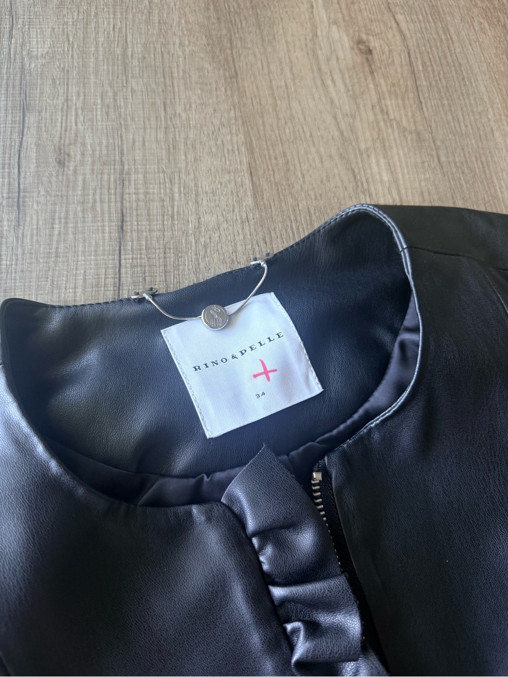 Rino & Pelle Womens Black Faux Leather Ruffle-Trim Jacket - Picture 2 of 5